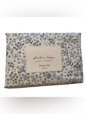 London Kaye Verona Ditsy Blue Floral Queen Sheet Set New